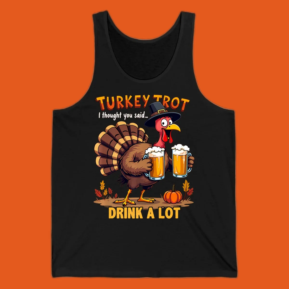 Cartoon turkey holding beer mugs with text 'Turkey Trot' and 'Drink A Lot'.