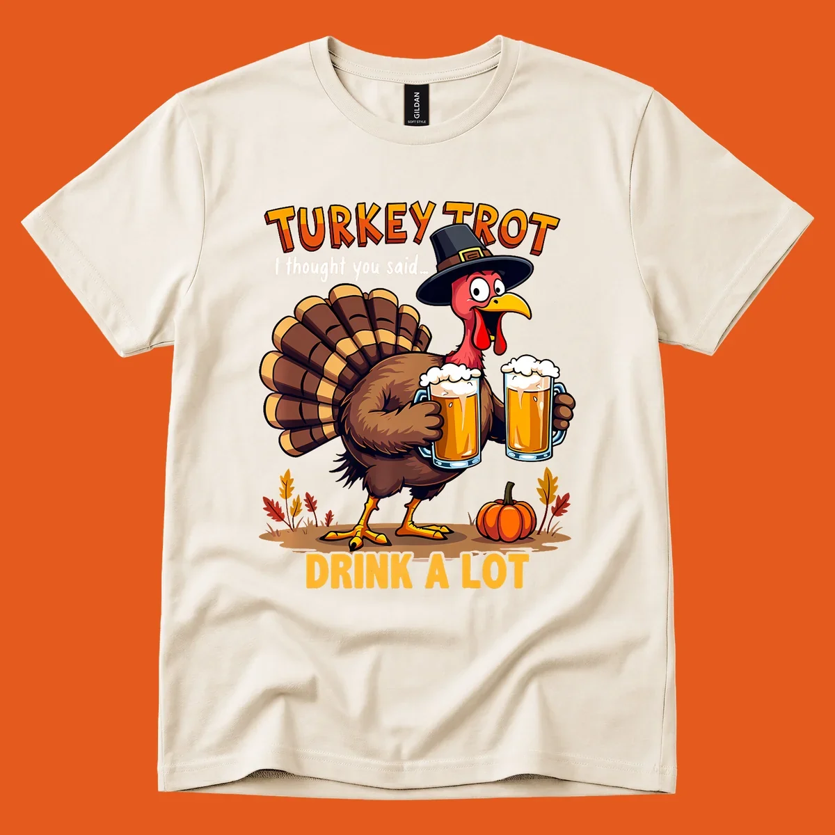 Cartoon turkey holding beer mugs with text 'Turkey Trot' and 'Drink A Lot'.