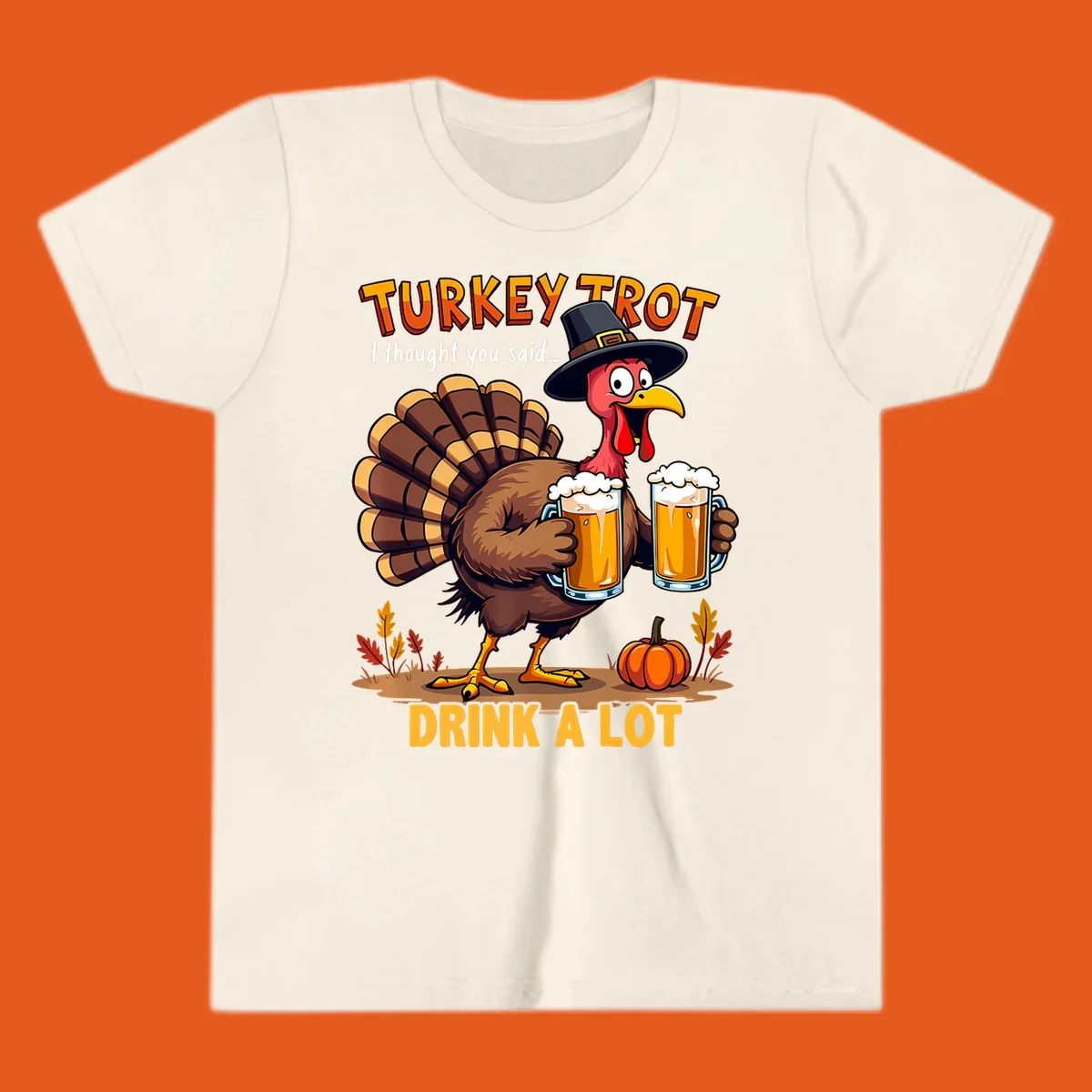 Cartoon turkey holding beer mugs with text 'Turkey Trot' and 'Drink A Lot'.