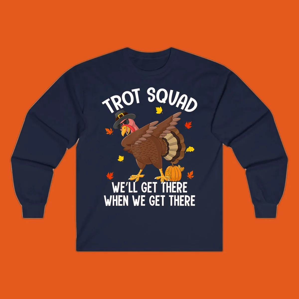 Turkey Trot Squad running shirt design with a dabbing turkey and text.