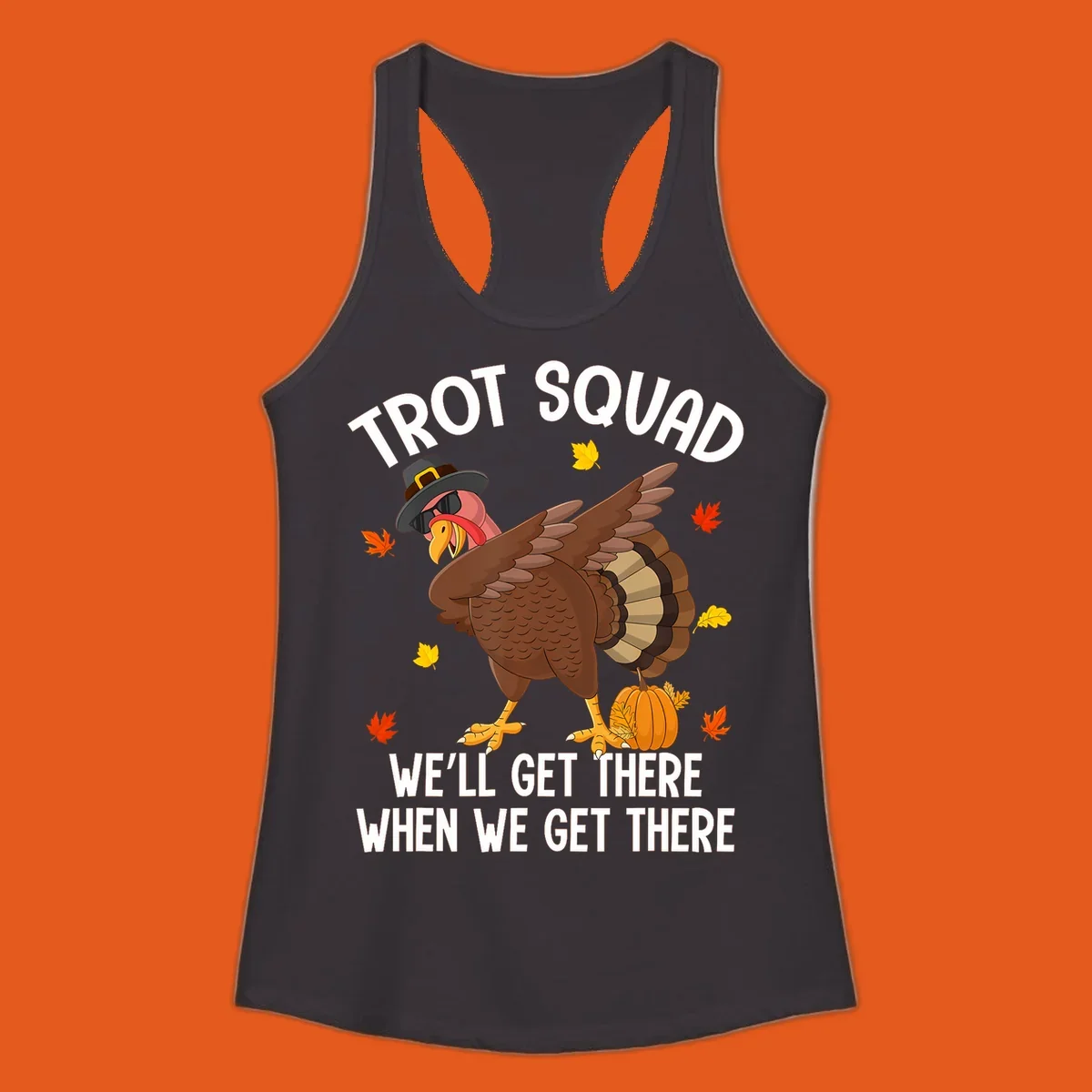 Turkey Trot Squad running shirt design with a dabbing turkey and text.