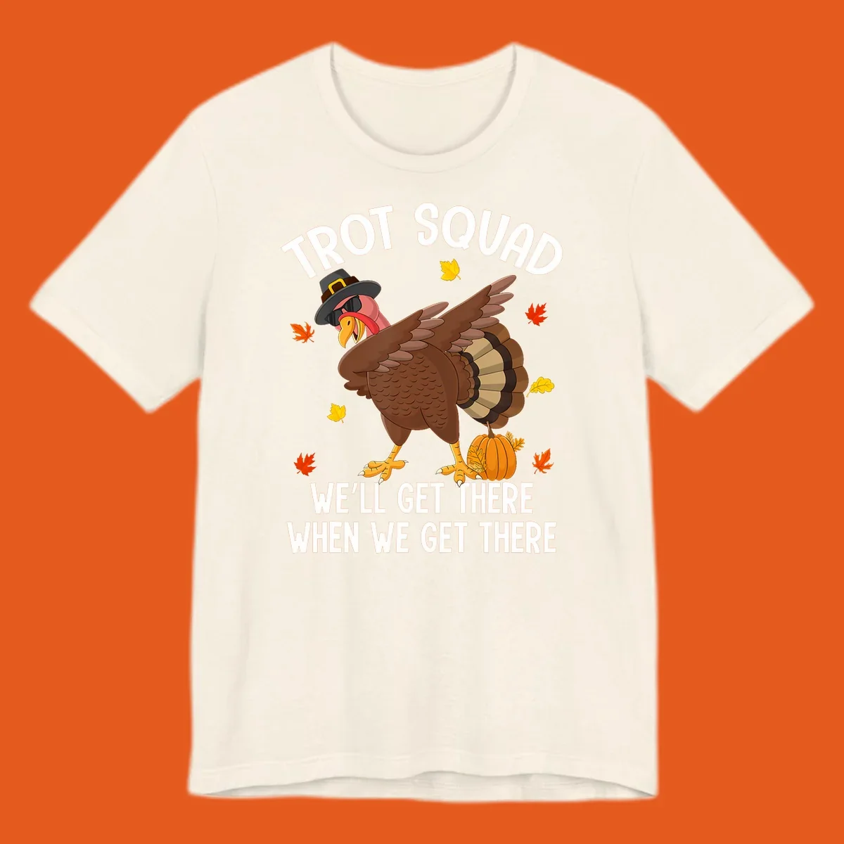 Turkey Trot Squad running shirt design with a dabbing turkey and text.