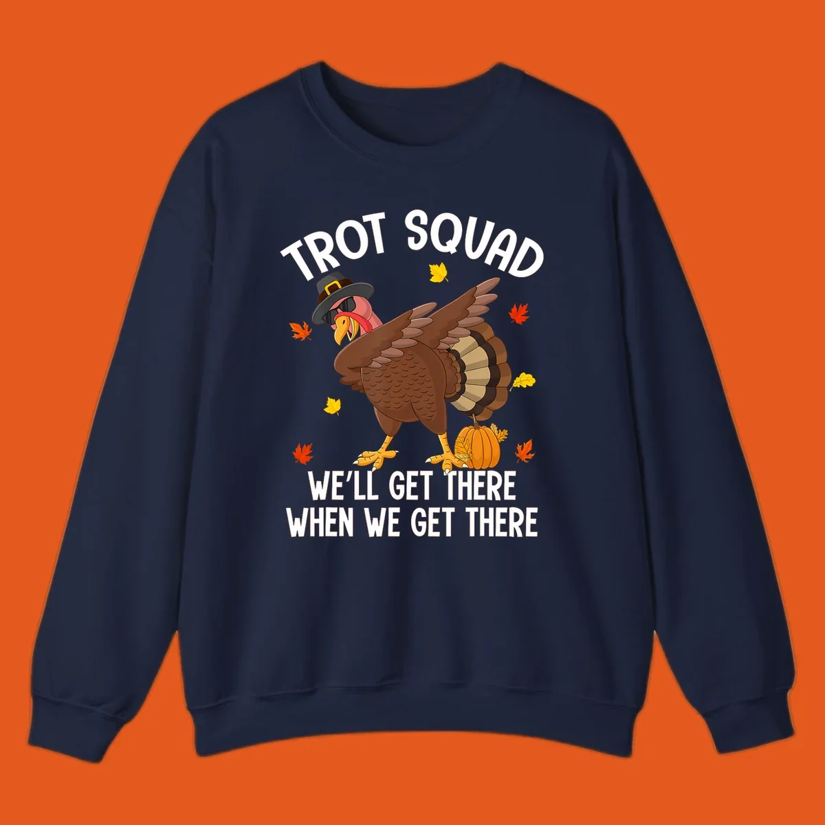 Turkey Trot Squad running shirt design with a dabbing turkey and text.