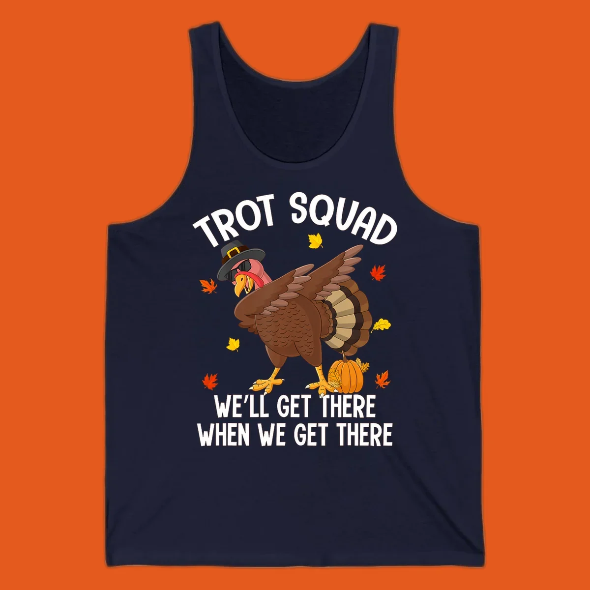 Turkey Trot Squad running shirt design with a dabbing turkey and text.