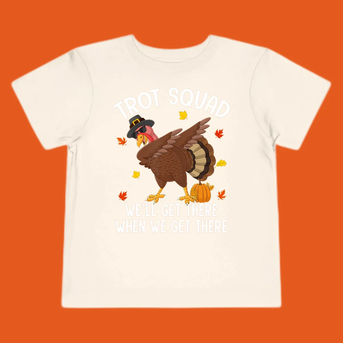 Turkey Trot Squad running shirt design with a dabbing turkey and text.