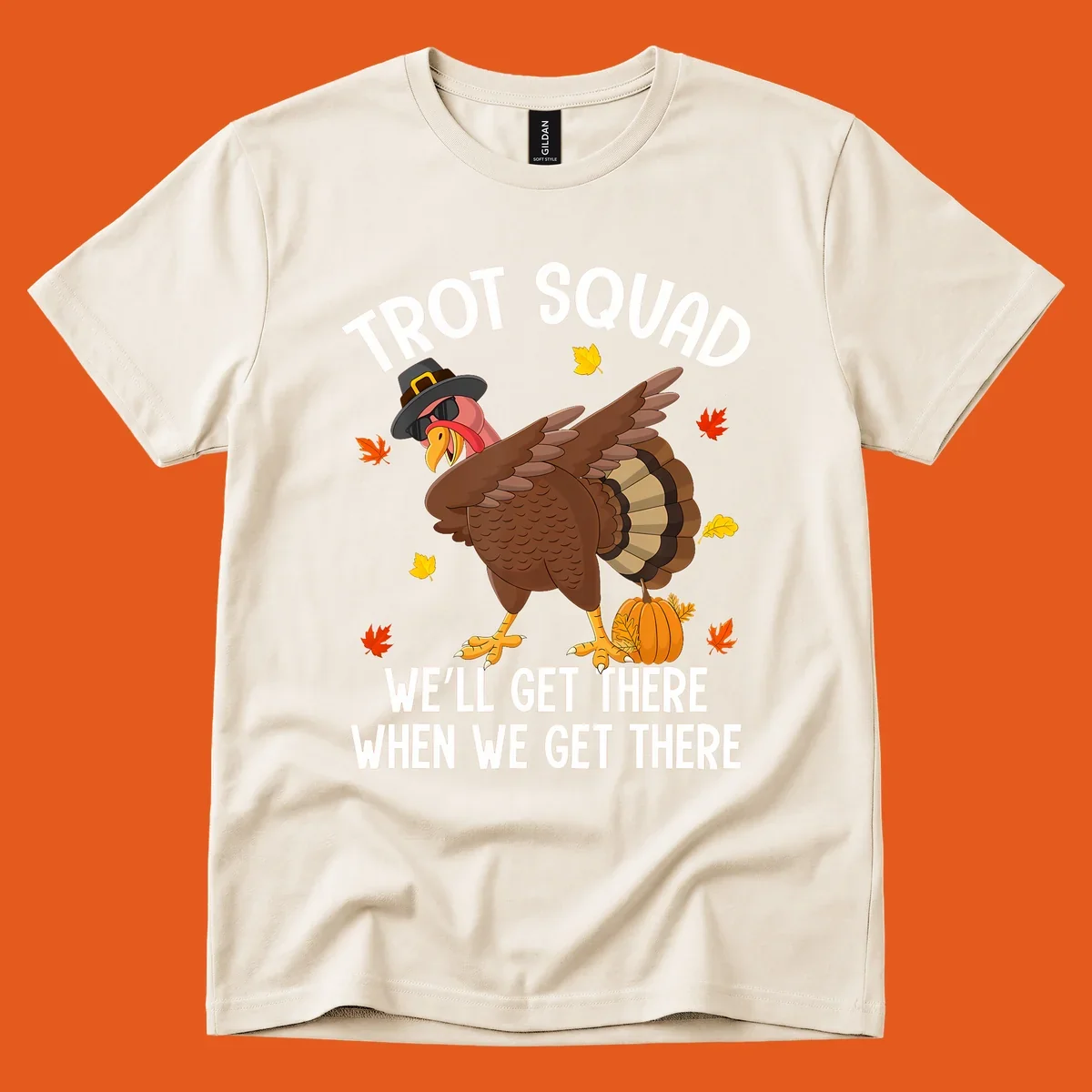 Turkey Trot Squad running shirt design with a dabbing turkey and text.
