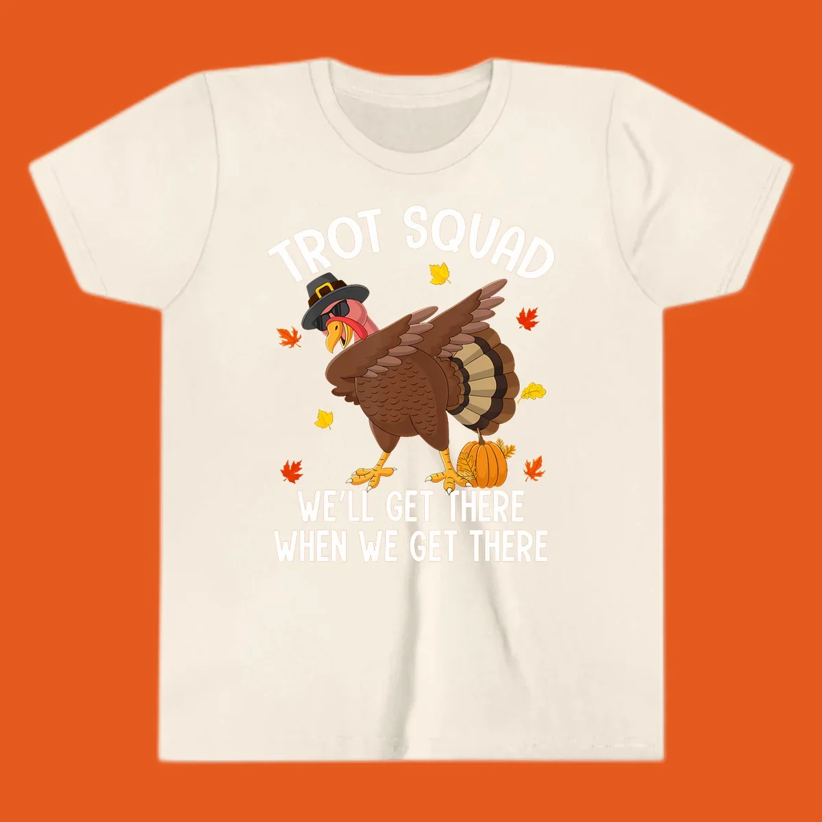Turkey Trot Squad running shirt design with a dabbing turkey and text.