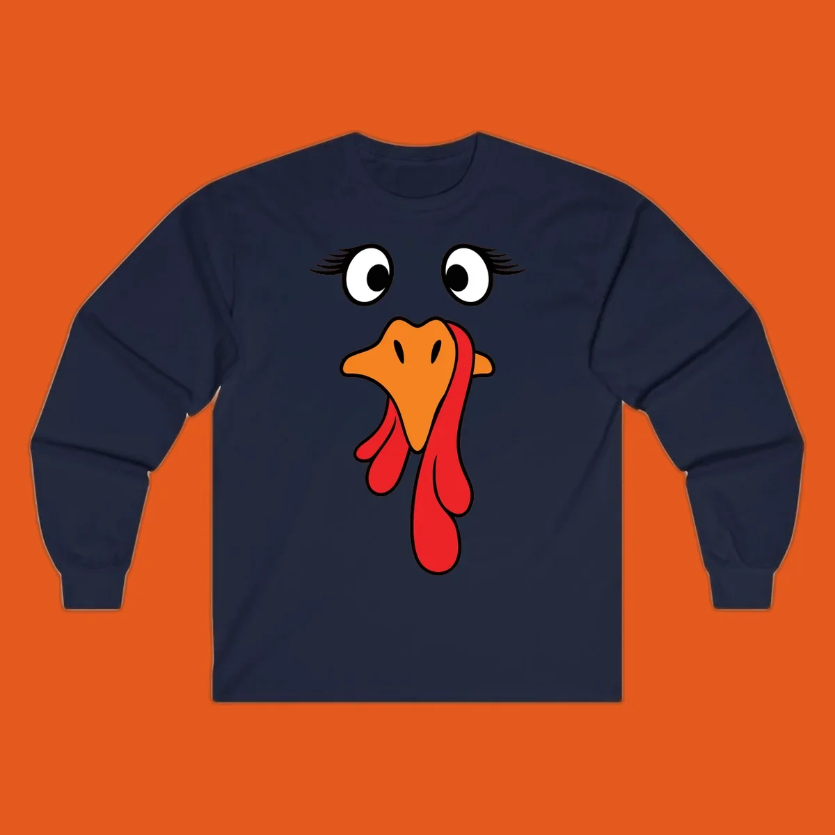 Funny turkey face graphic with googly eyes and wattle, perfect for Thanksgiving Trot runners.