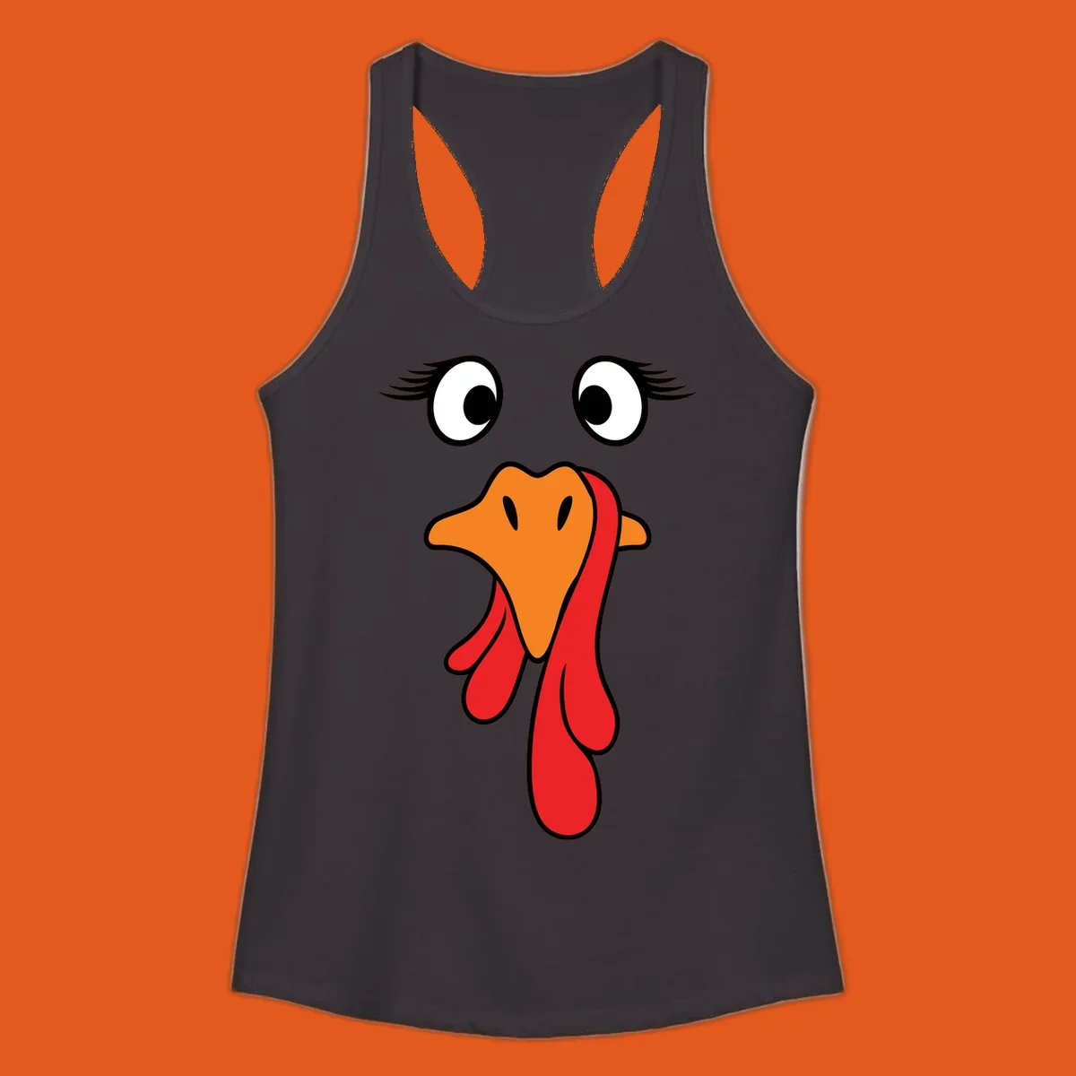 Funny turkey face graphic with googly eyes and wattle, perfect for Thanksgiving Trot runners.