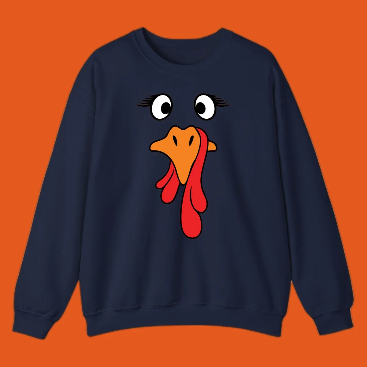 Funny turkey face graphic with googly eyes and wattle, perfect for Thanksgiving Trot runners.