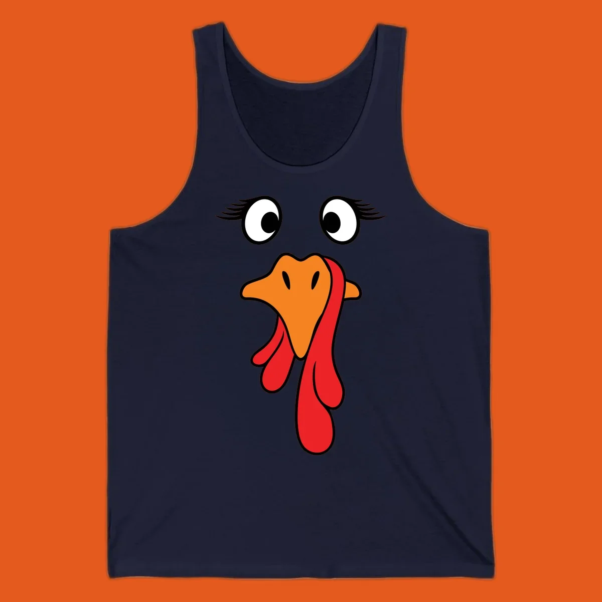 Funny turkey face graphic with googly eyes and wattle, perfect for Thanksgiving Trot runners.