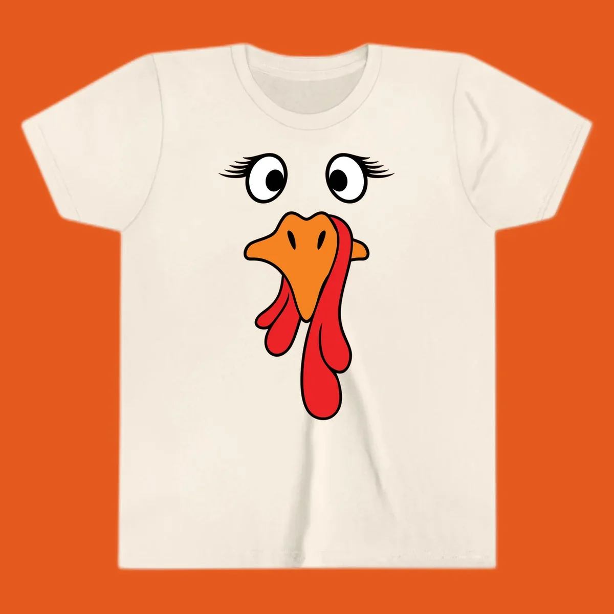 Funny turkey face graphic with googly eyes and wattle, perfect for Thanksgiving Trot runners.