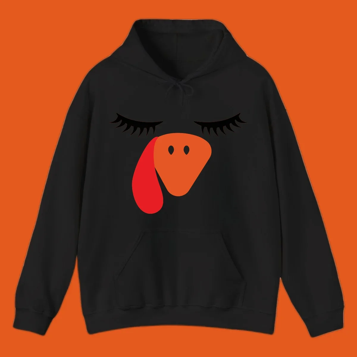 Funny turkey face graphic with closed eyes and eyelashes, perfect for Turkey Trot shirts.