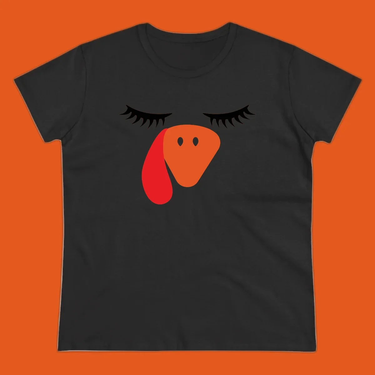 Funny turkey face graphic with closed eyes and eyelashes, perfect for Turkey Trot shirts.
