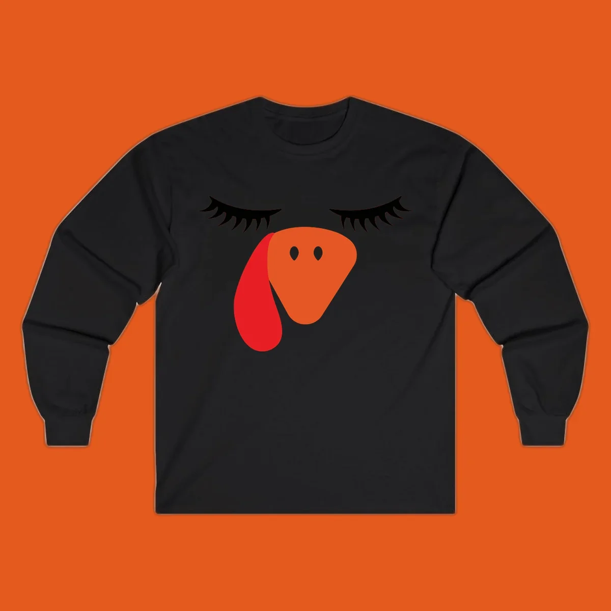 Funny turkey face graphic with closed eyes and eyelashes, perfect for Turkey Trot shirts.