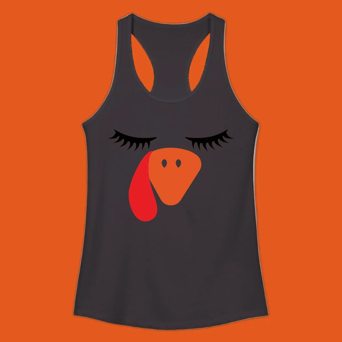 Funny turkey face graphic with closed eyes and eyelashes, perfect for Turkey Trot shirts.