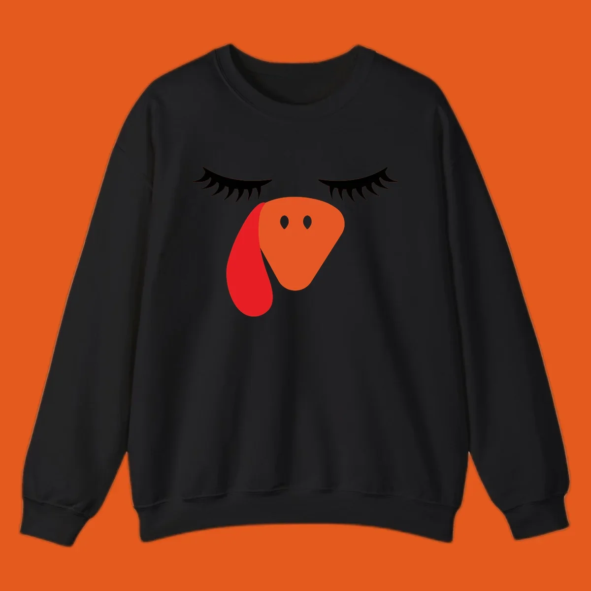 Funny turkey face graphic with closed eyes and eyelashes, perfect for Turkey Trot shirts.