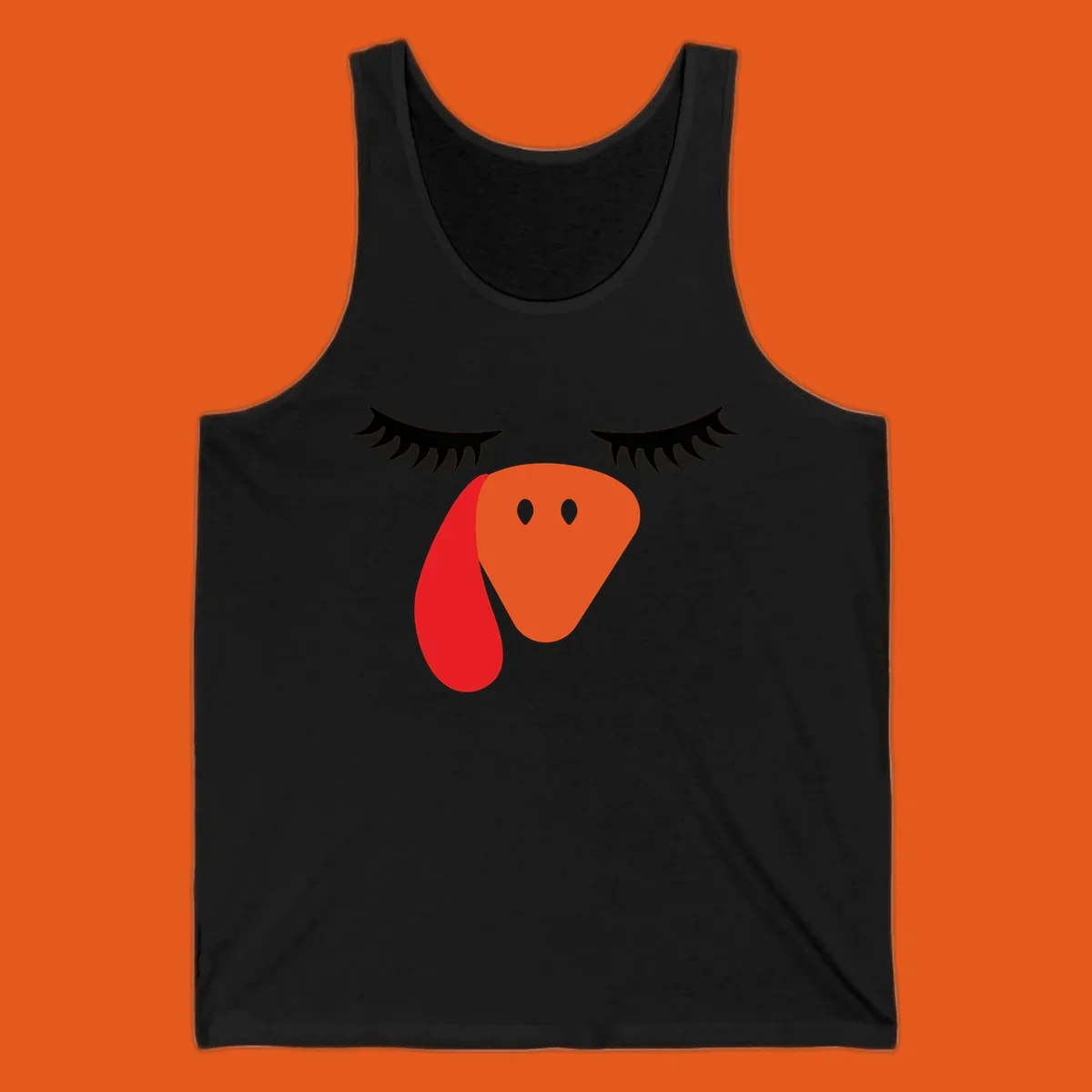 Funny turkey face graphic with closed eyes and eyelashes, perfect for Turkey Trot shirts.