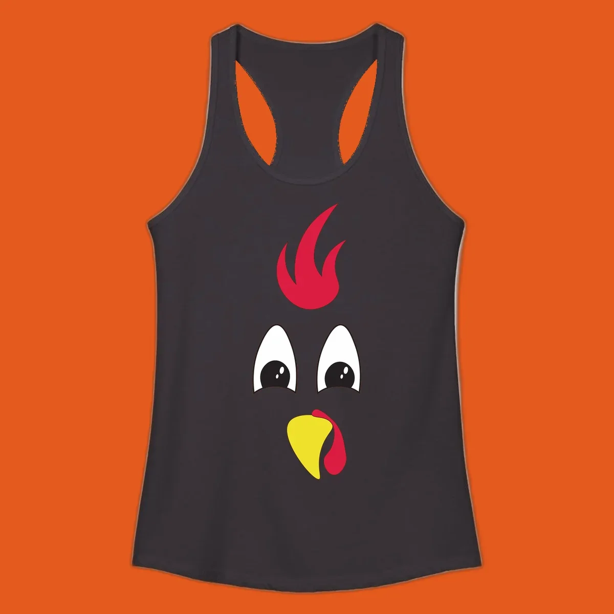 Rooster face graphic for Turkey Trot runners, featuring a red comb and yellow beak.