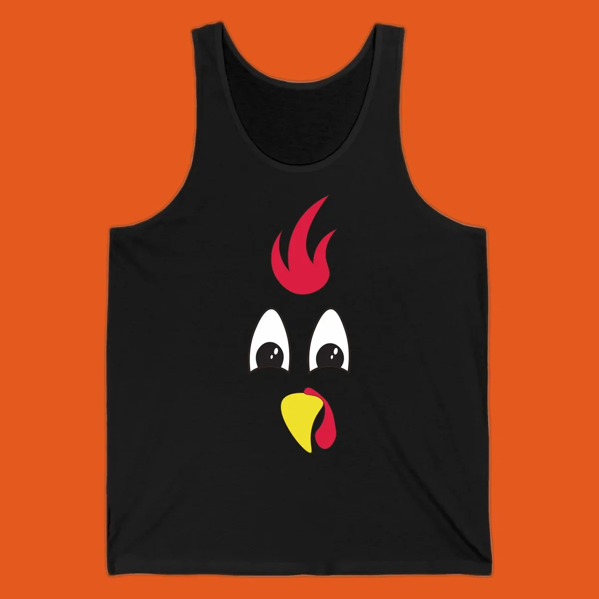 Rooster face graphic for Turkey Trot runners, featuring a red comb and yellow beak.