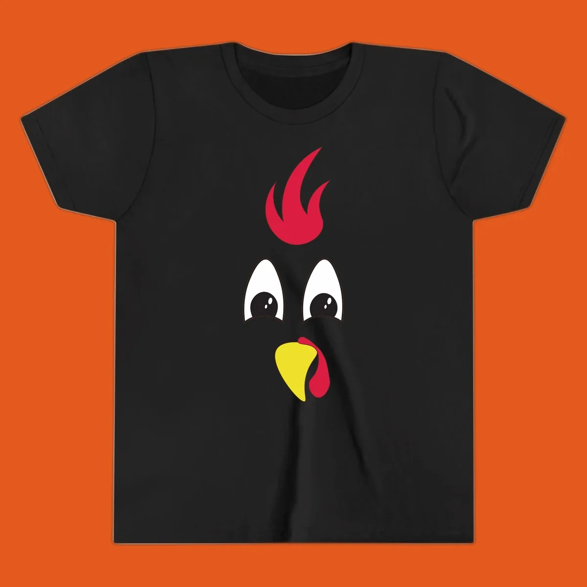 Rooster face graphic for Turkey Trot runners, featuring a red comb and yellow beak.