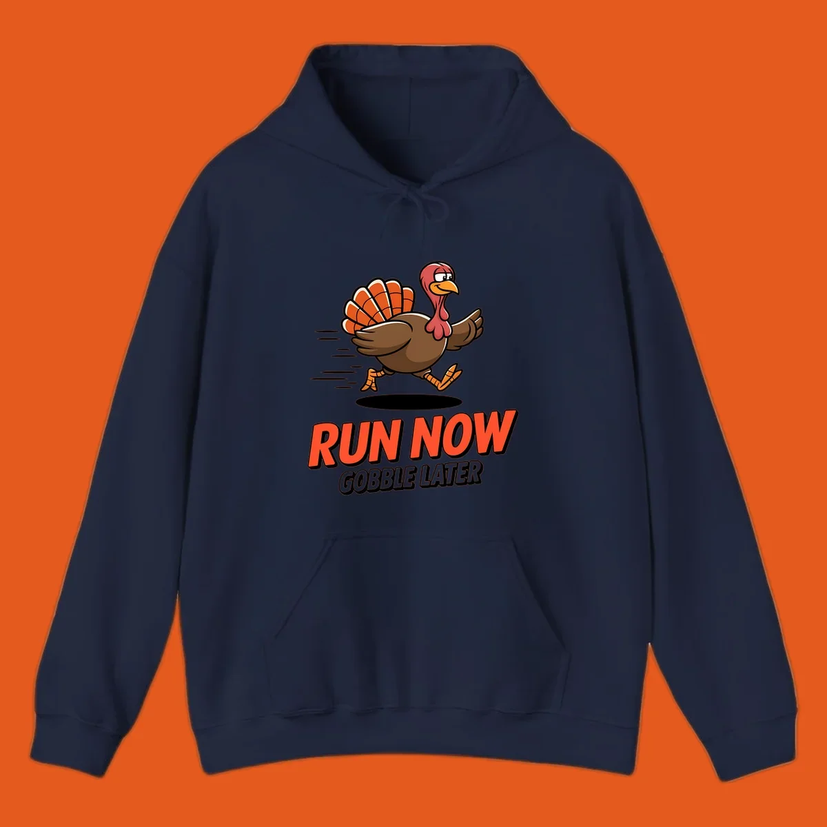 Running turkey illustration with text 'RUN NOW GOBBLE LATER' for Turkey Trot race.