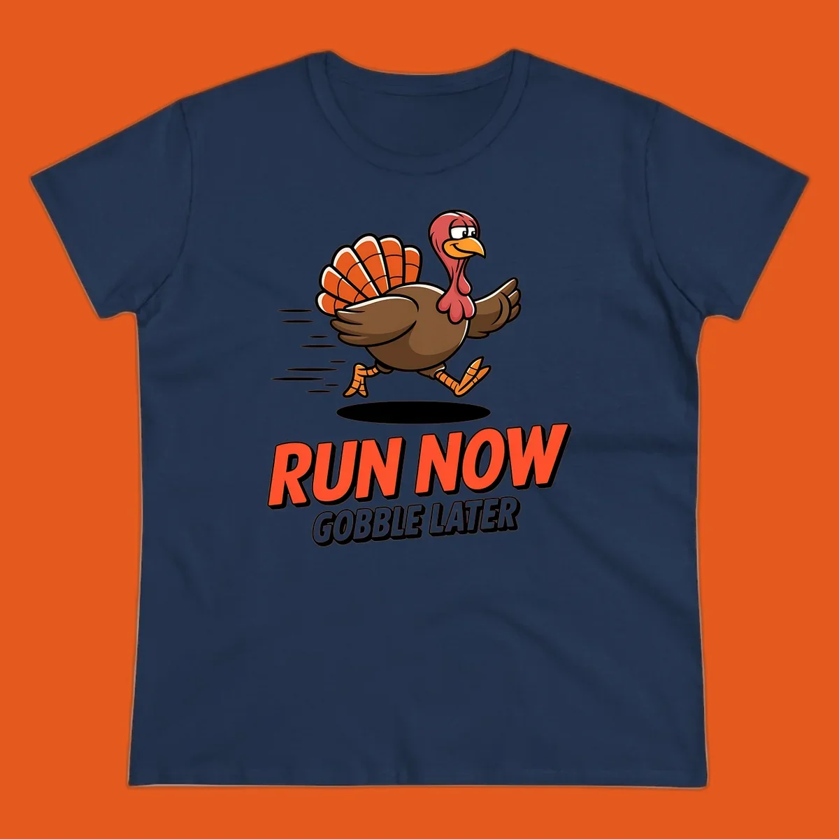 Running turkey illustration with text 'RUN NOW GOBBLE LATER' for Turkey Trot race.