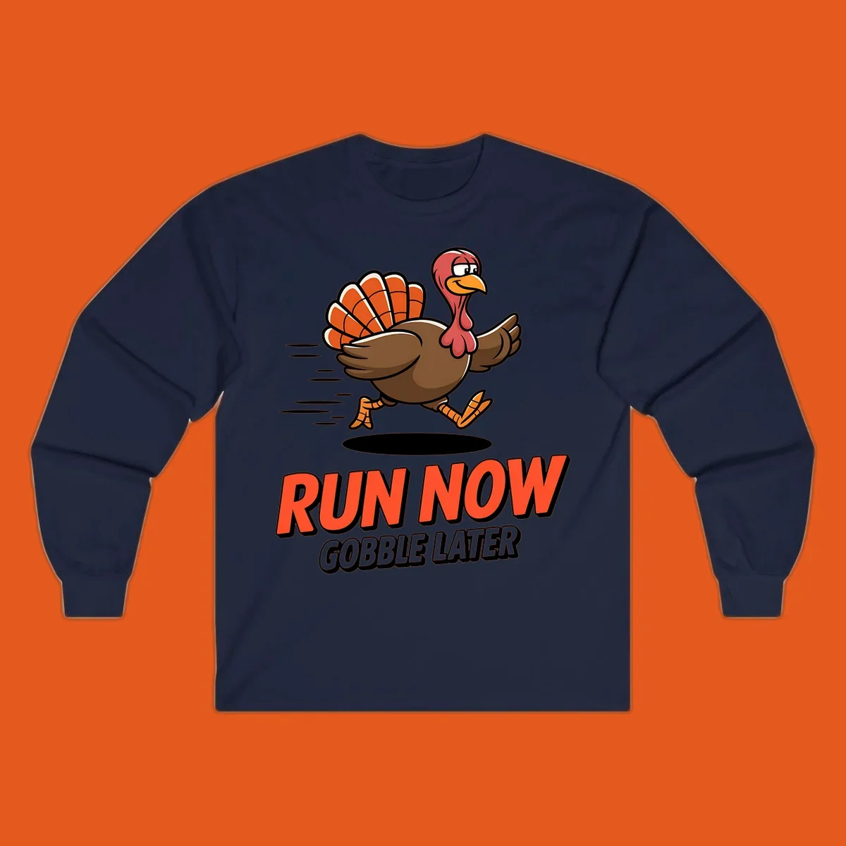 Running turkey illustration with text 'RUN NOW GOBBLE LATER' for Turkey Trot race.