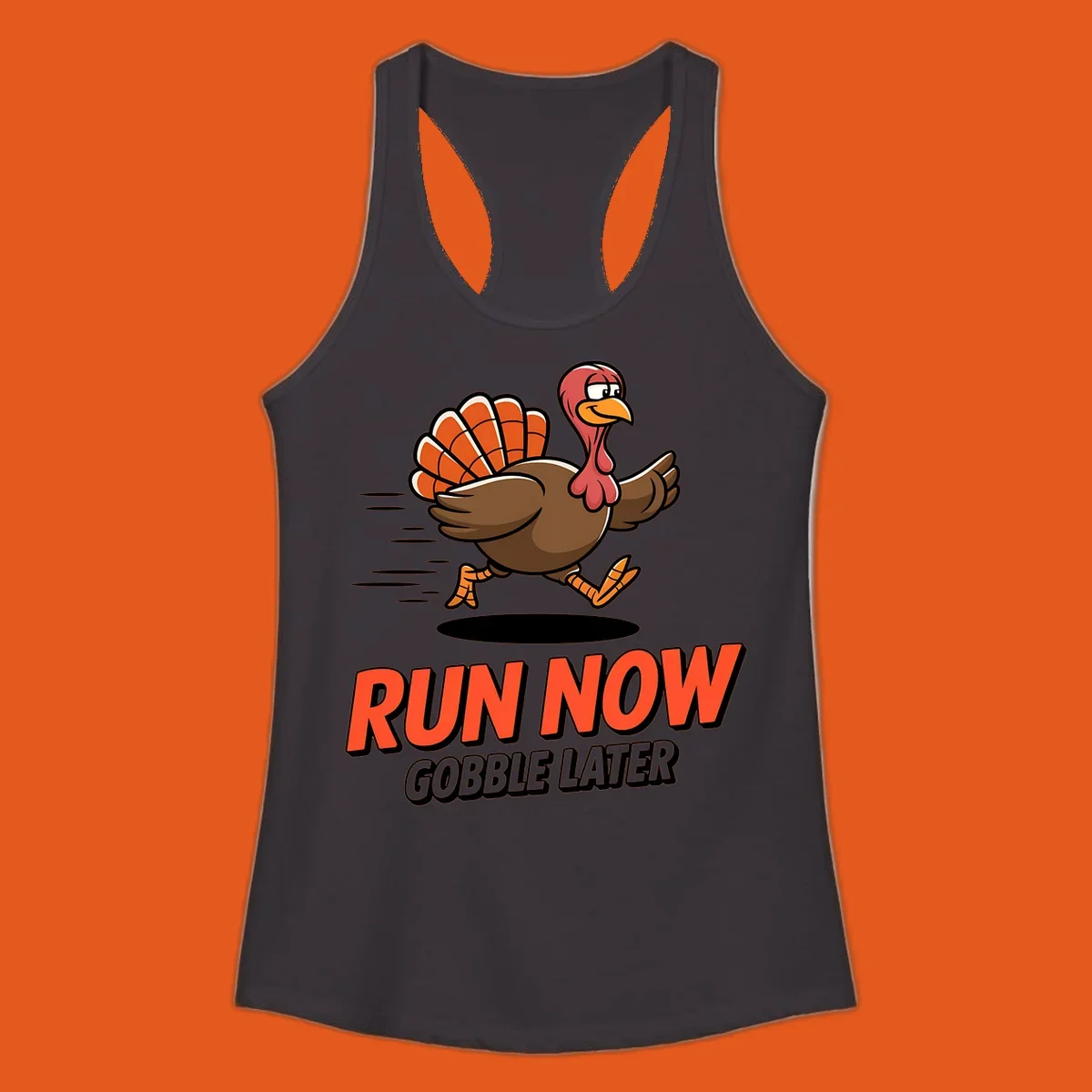 Running turkey illustration with text 'RUN NOW GOBBLE LATER' for Turkey Trot race.