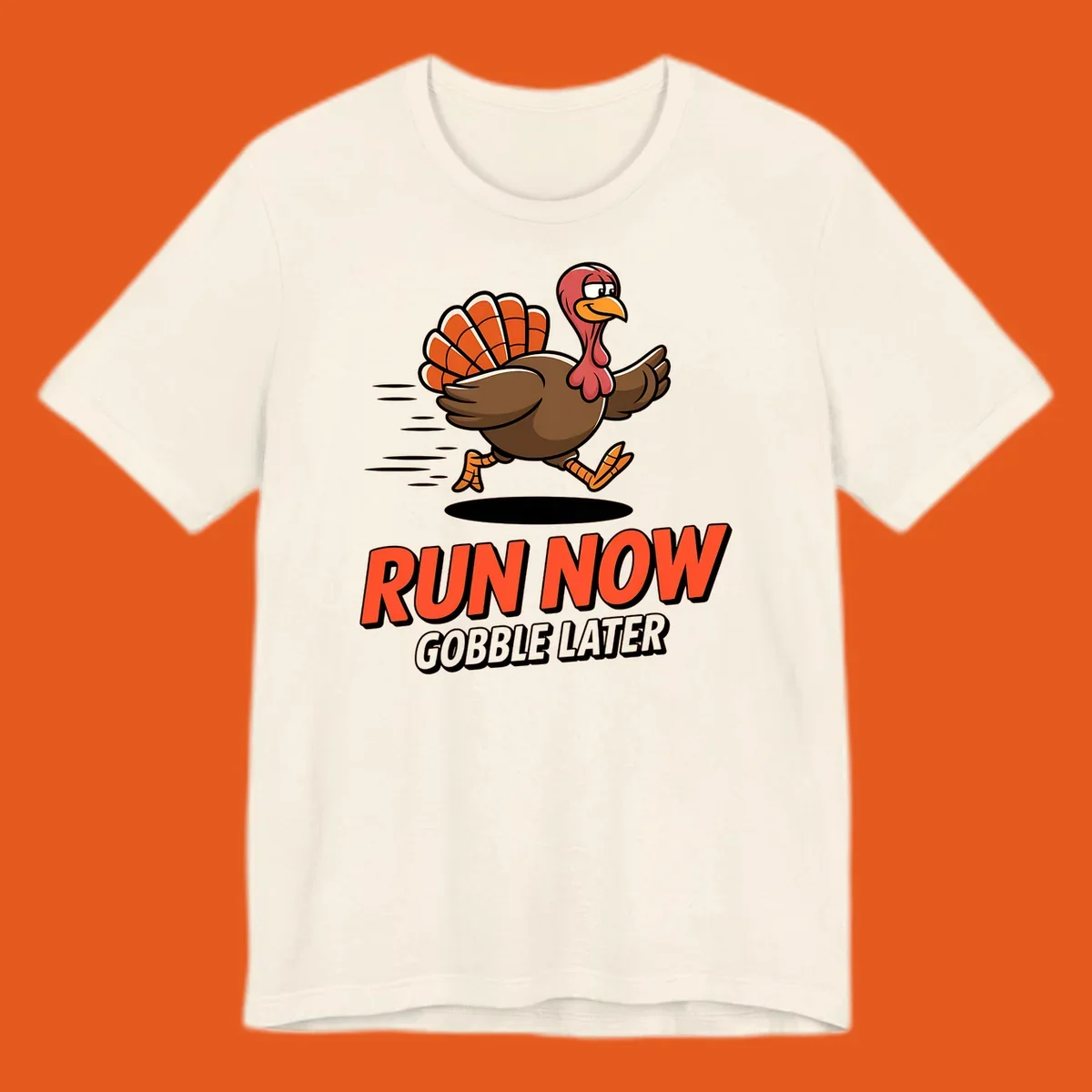 Running turkey illustration with text 'RUN NOW GOBBLE LATER' for Turkey Trot race.