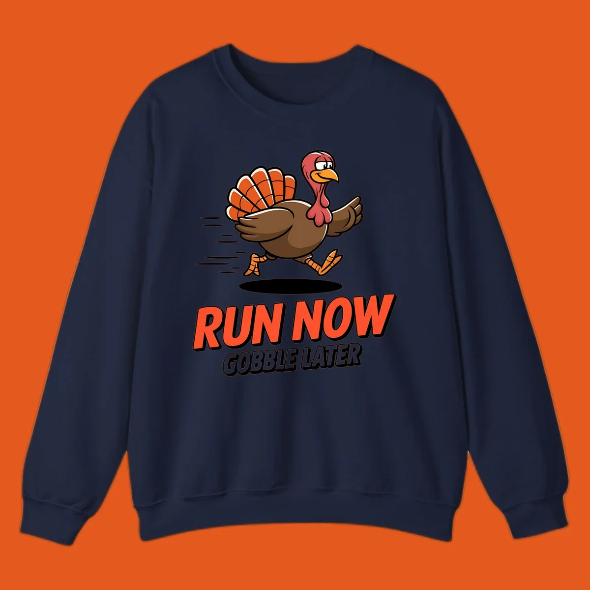 Running turkey illustration with text 'RUN NOW GOBBLE LATER' for Turkey Trot race.