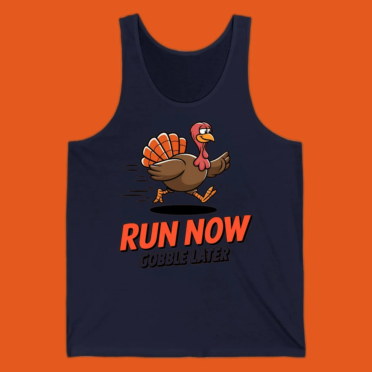 Running turkey illustration with text 'RUN NOW GOBBLE LATER' for Turkey Trot race.