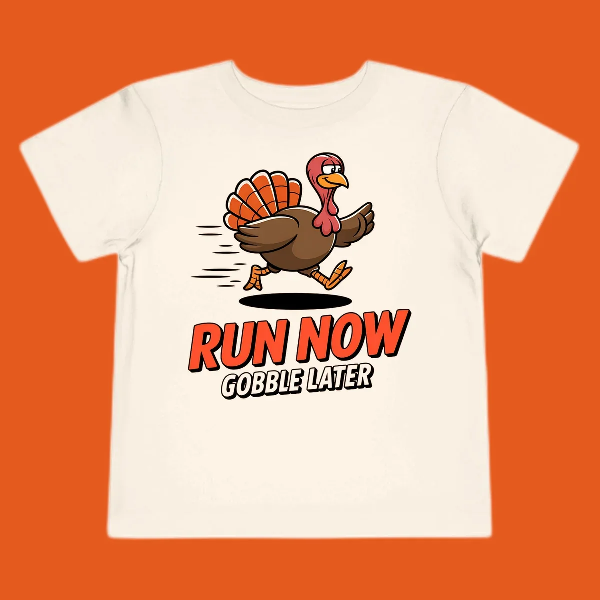 Running turkey illustration with text 'RUN NOW GOBBLE LATER' for Turkey Trot race.
