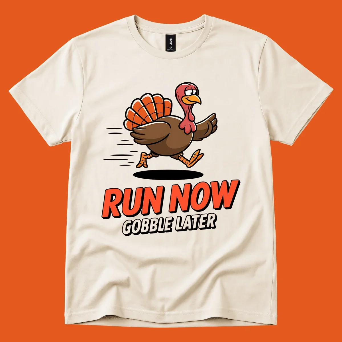 Running turkey illustration with text 'RUN NOW GOBBLE LATER' for Turkey Trot race.