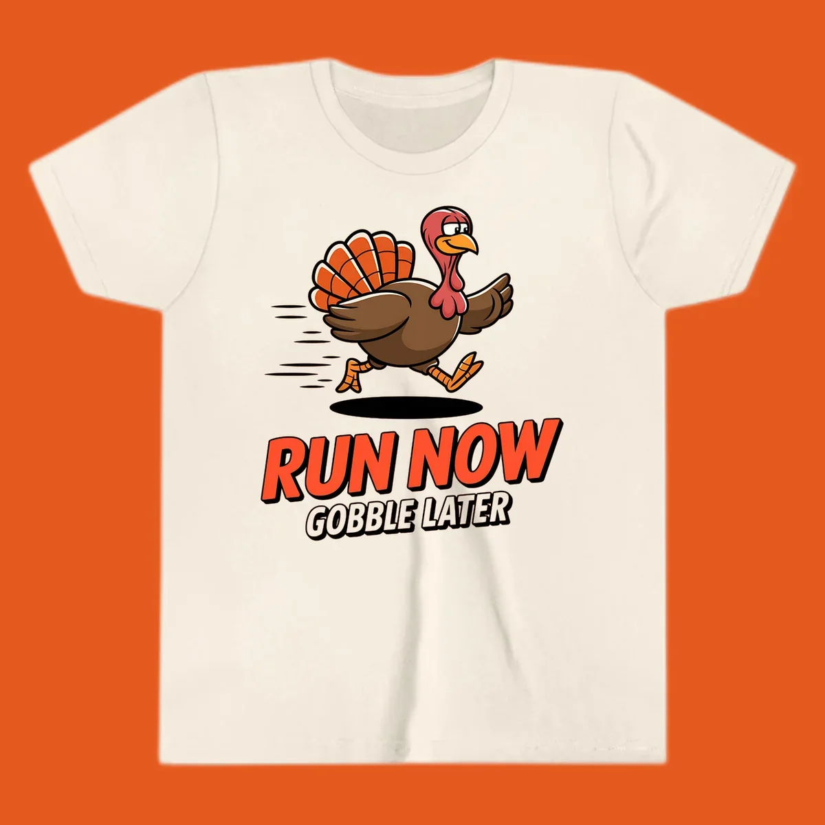 Running turkey illustration with text 'RUN NOW GOBBLE LATER' for Turkey Trot race.
