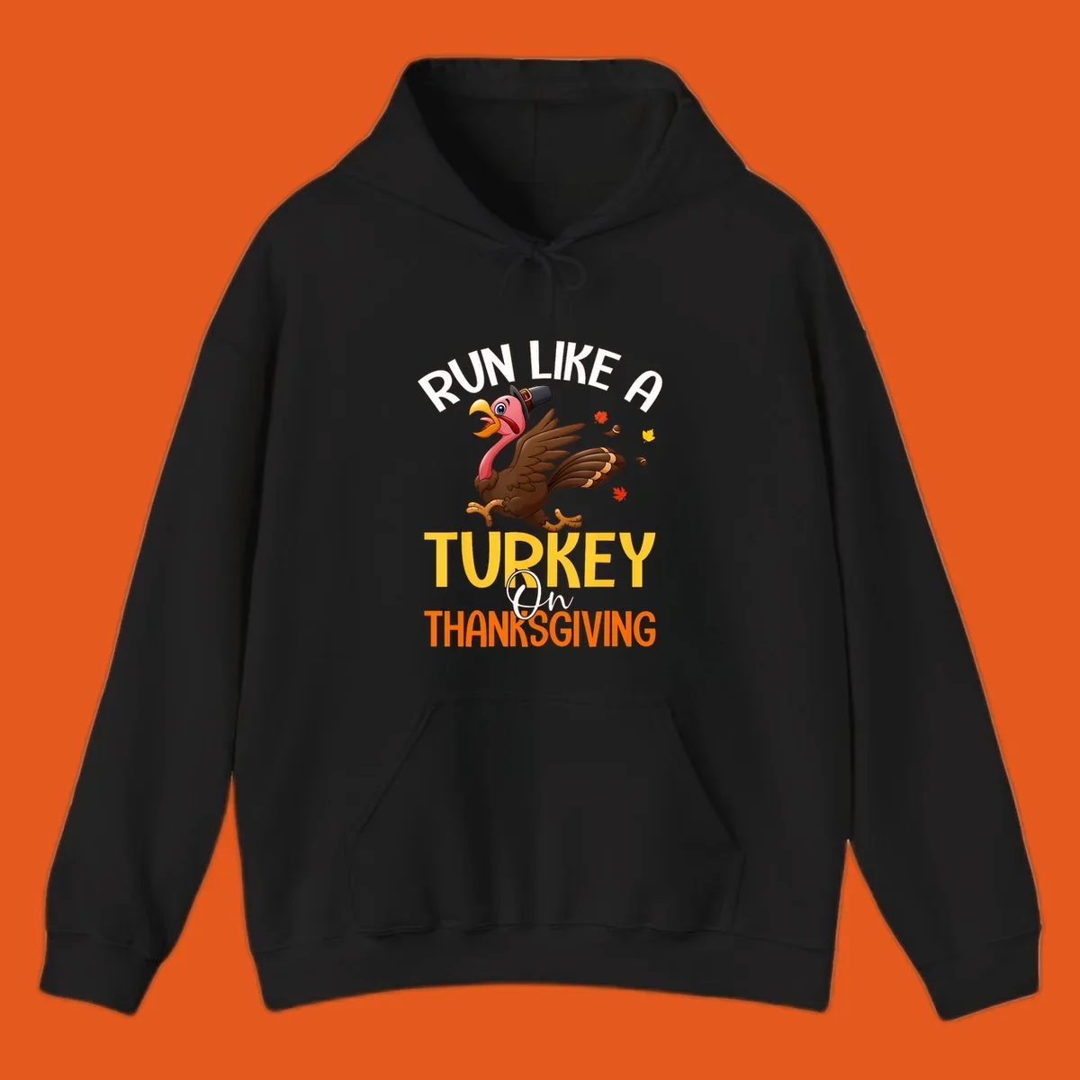 Illustration of a cartoon turkey running with text 'Run Like A Turkey On Thanksgiving', for Thanksgiving Day Turkey Trot runners.