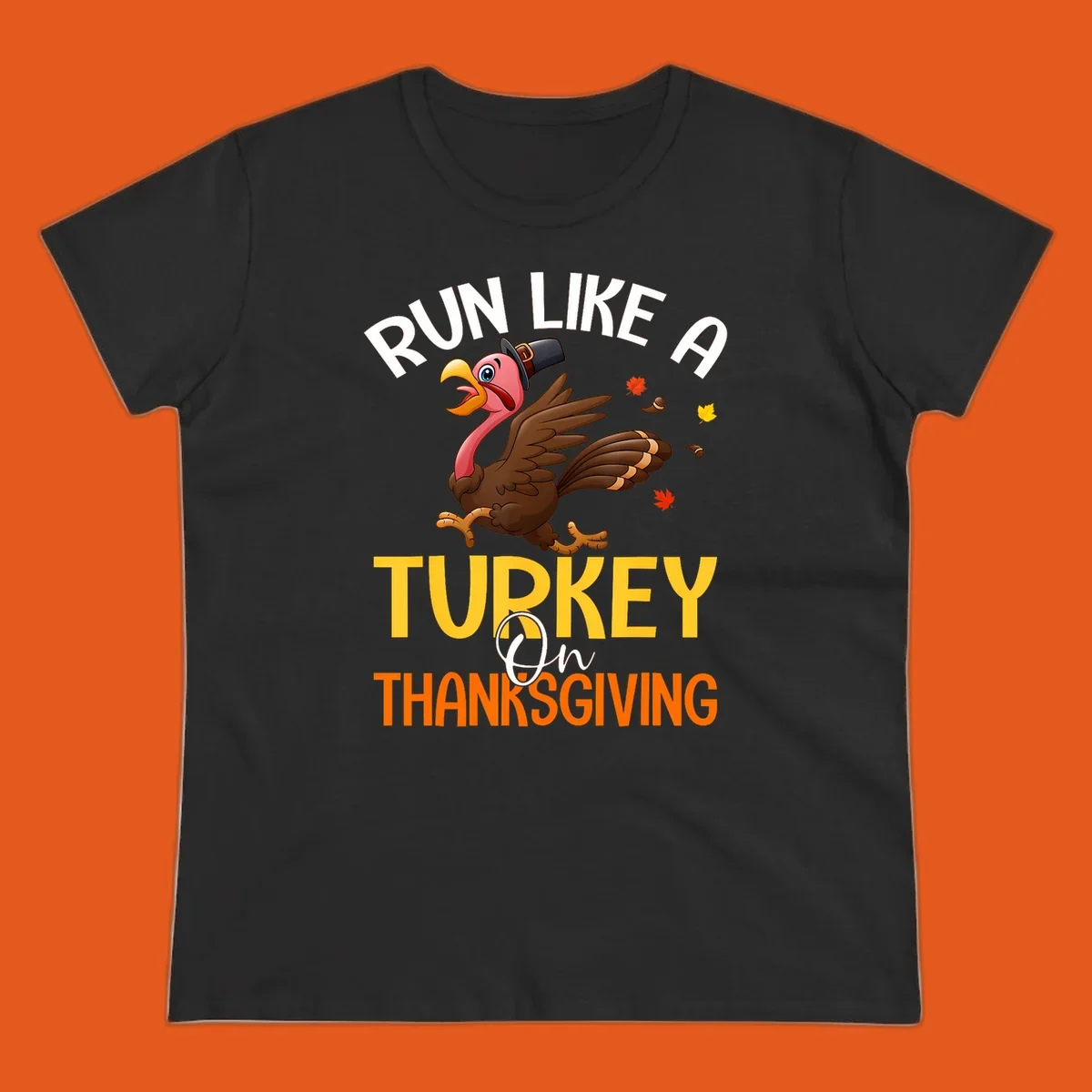 Illustration of a cartoon turkey running with text 'Run Like A Turkey On Thanksgiving', for Thanksgiving Day Turkey Trot runners.