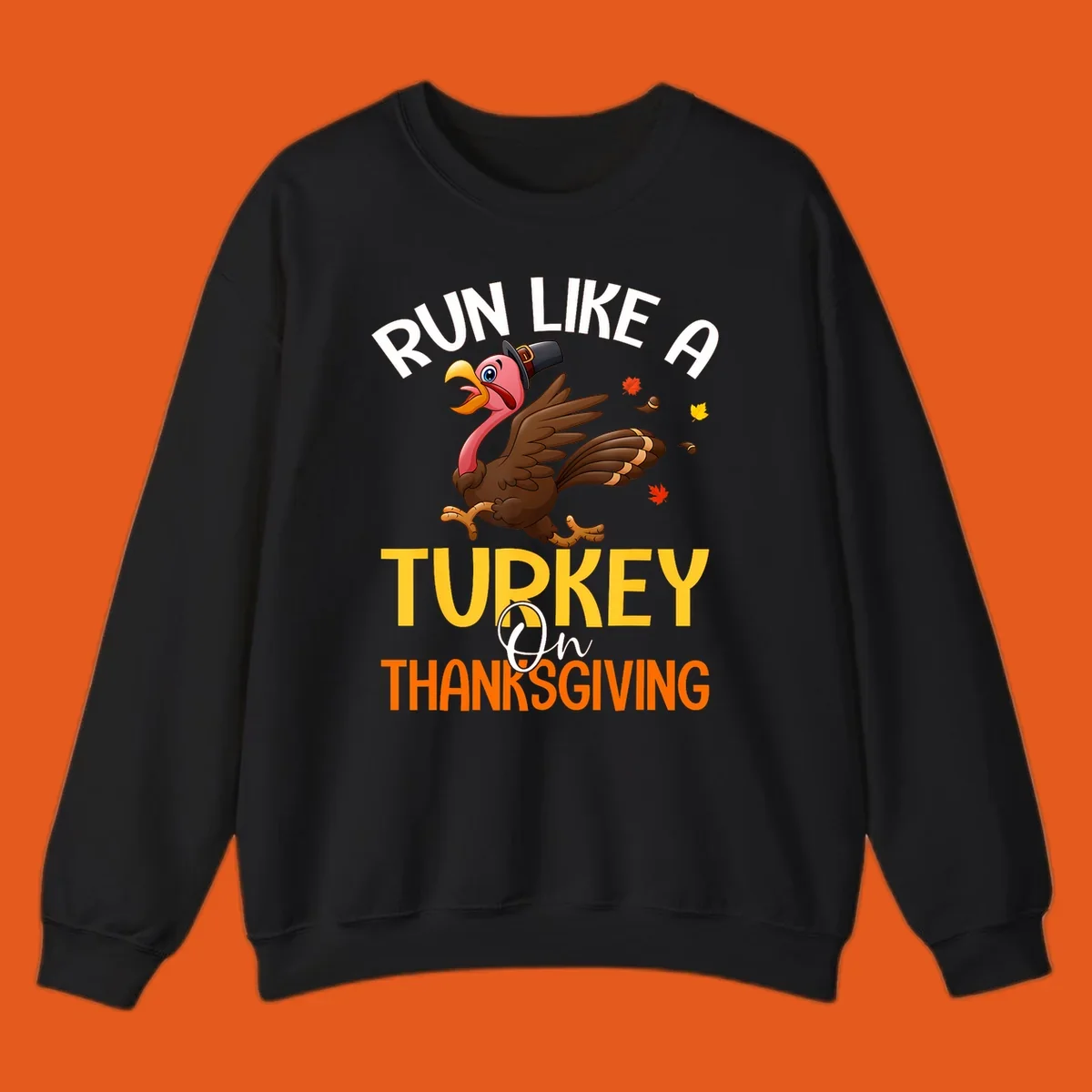 Illustration of a cartoon turkey running with text 'Run Like A Turkey On Thanksgiving', for Thanksgiving Day Turkey Trot runners.