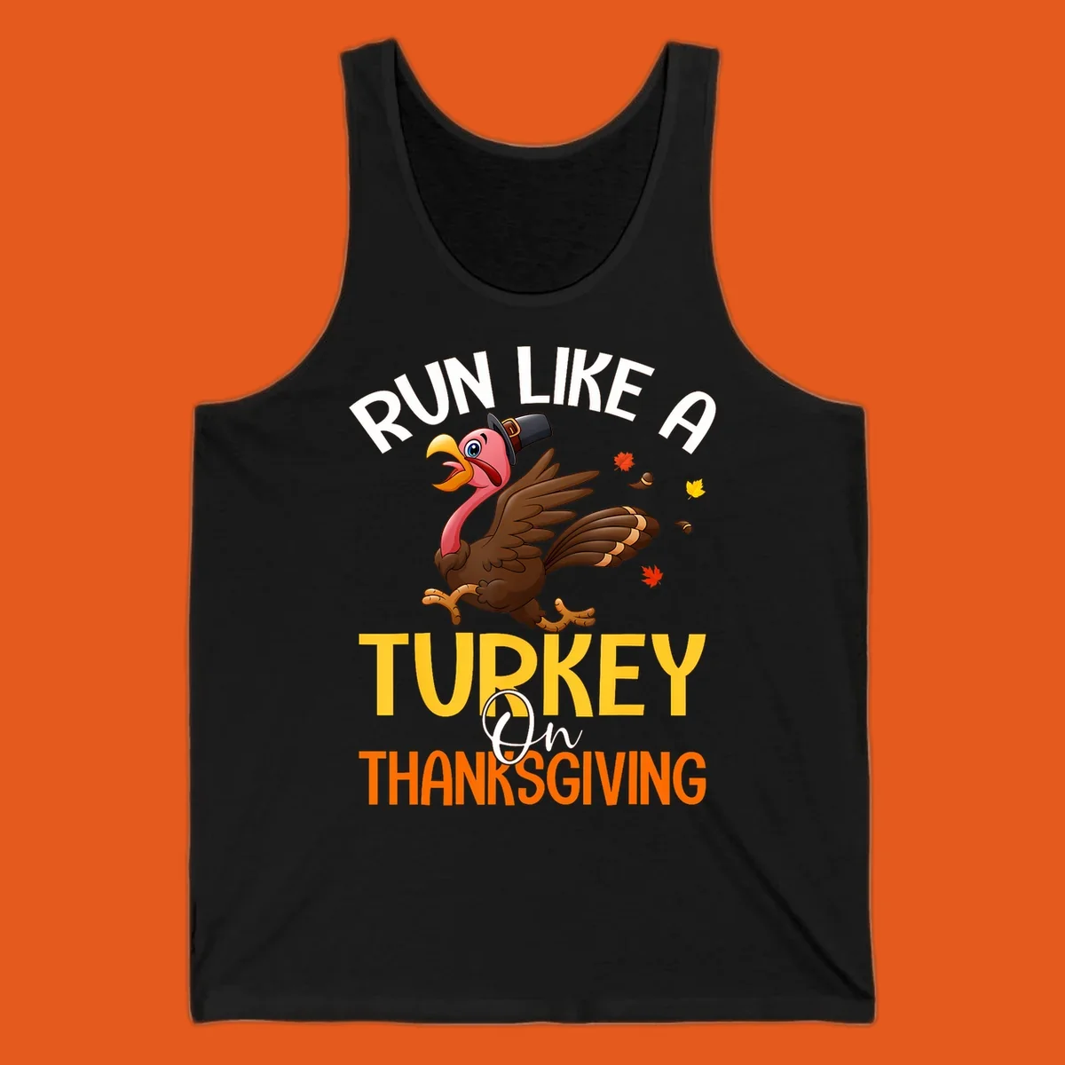 Illustration of a cartoon turkey running with text 'Run Like A Turkey On Thanksgiving', for Thanksgiving Day Turkey Trot runners.