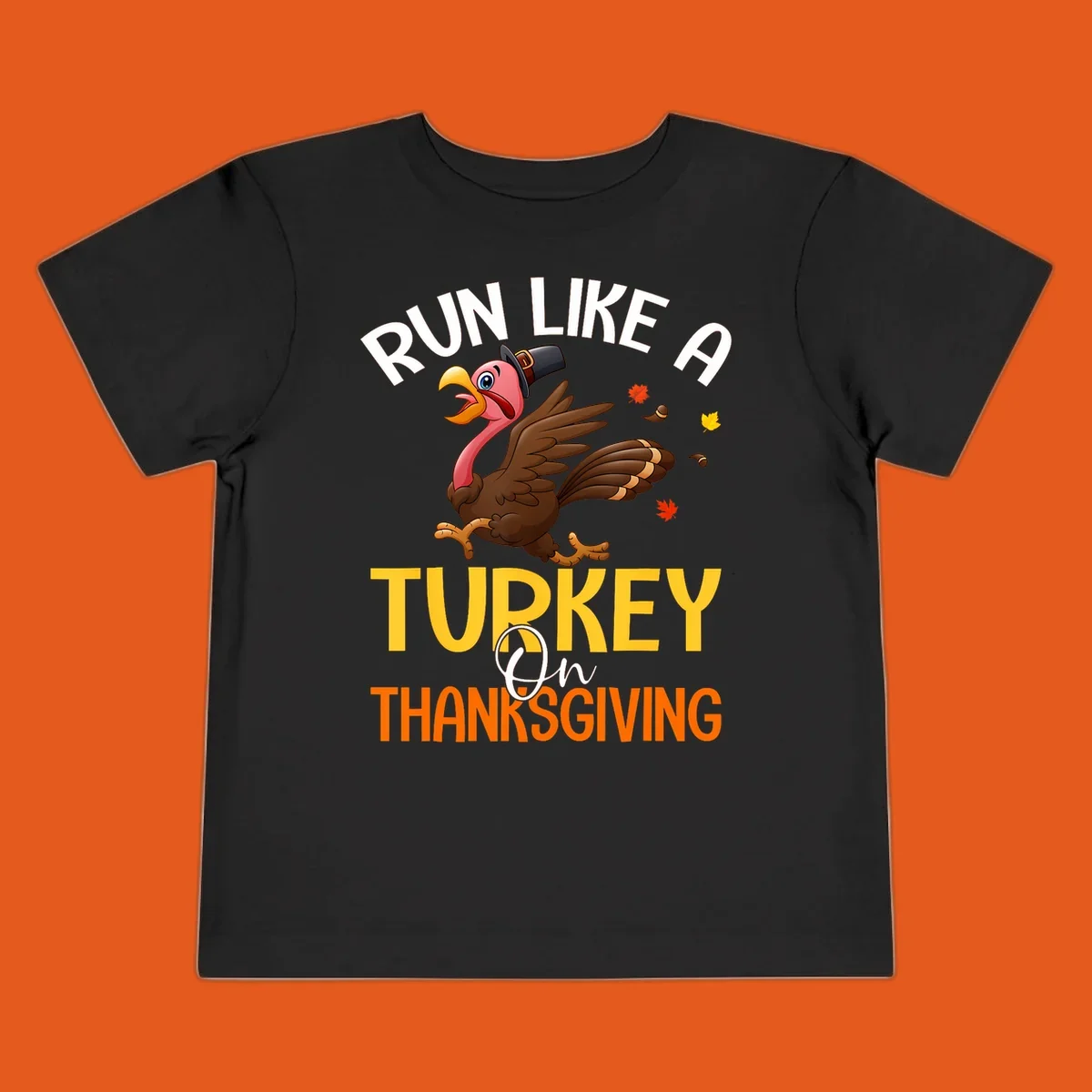 Illustration of a cartoon turkey running with text 'Run Like A Turkey On Thanksgiving', for Thanksgiving Day Turkey Trot runners.