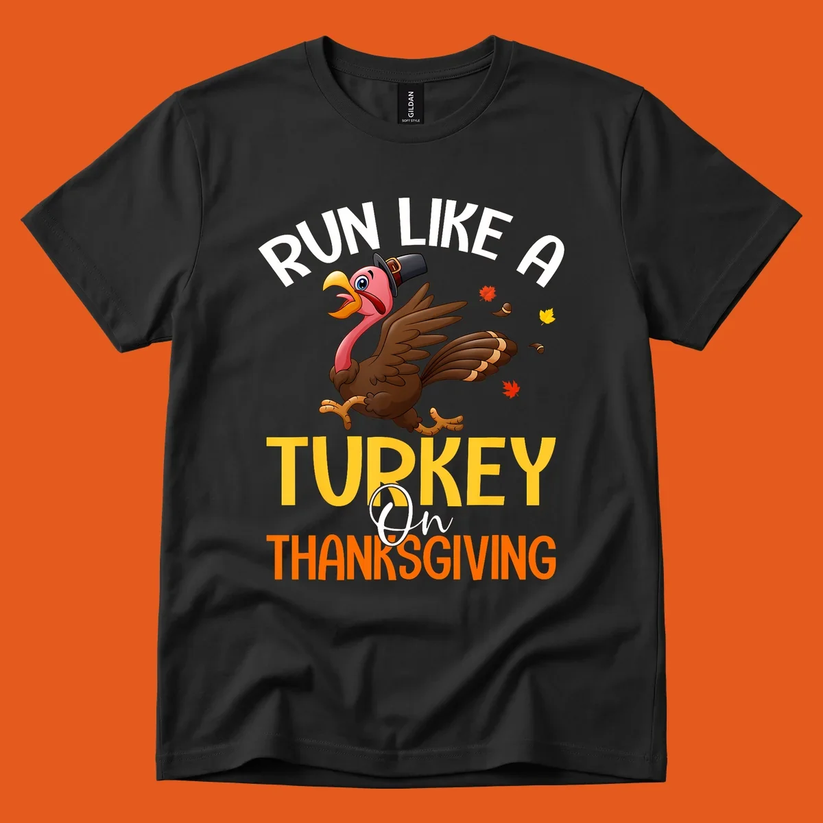Illustration of a cartoon turkey running with text 'Run Like A Turkey On Thanksgiving', for Thanksgiving Day Turkey Trot runners.