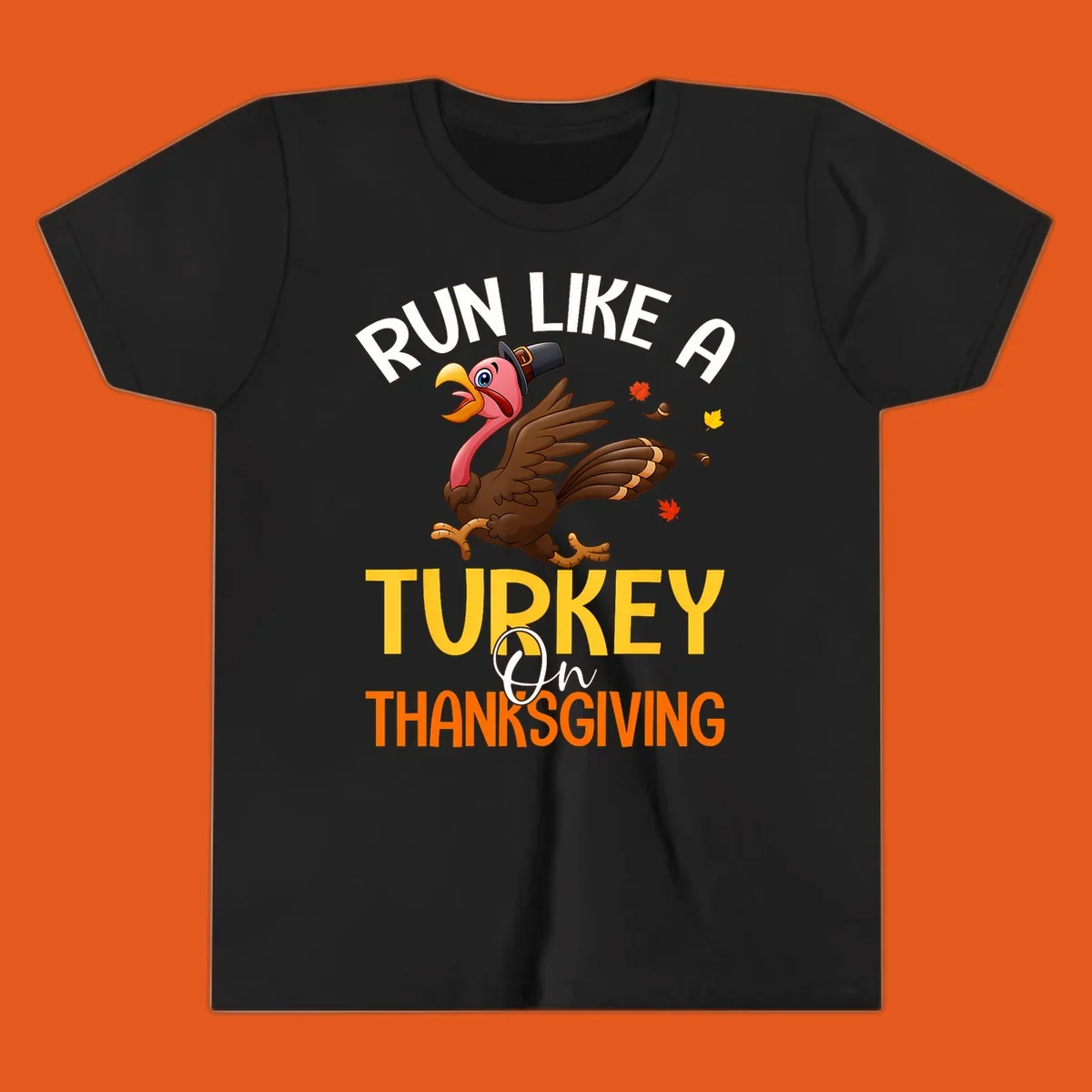 Illustration of a cartoon turkey running with text 'Run Like A Turkey On Thanksgiving', for Thanksgiving Day Turkey Trot runners.
