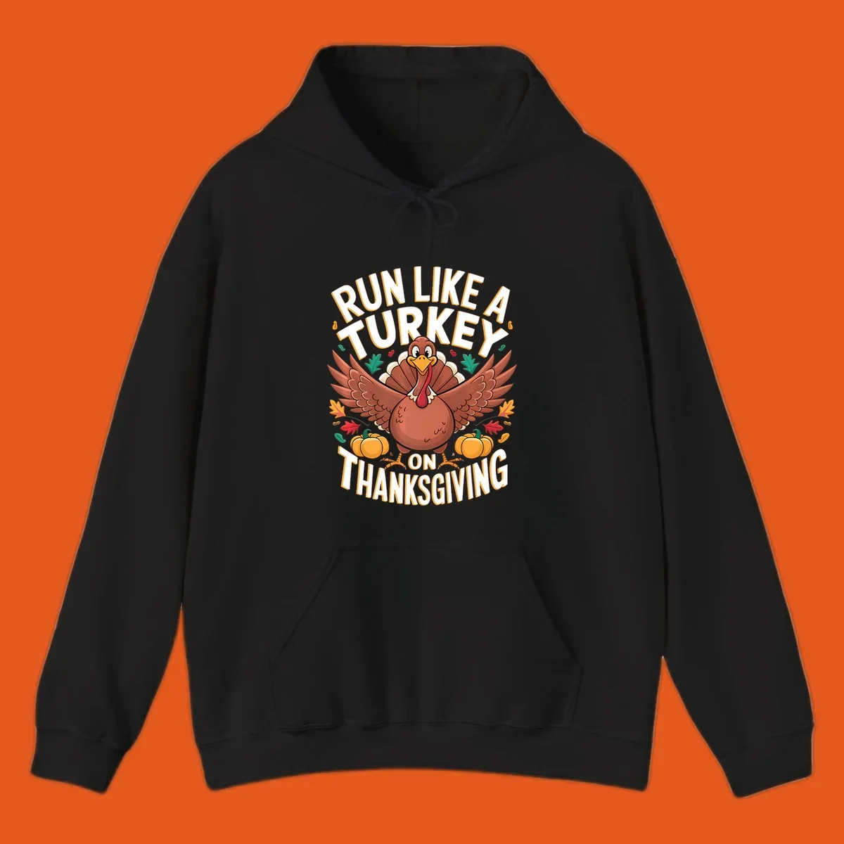 Illustration of a turkey with wings spread, surrounded by pumpkins and leaves, with text "Run Like A Turkey On Thanksgiving".