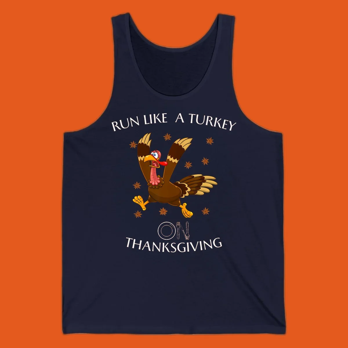 Illustration of a cartoon turkey running with text 'RUN LIKE A TURKEY ON THANKSGIVING'.