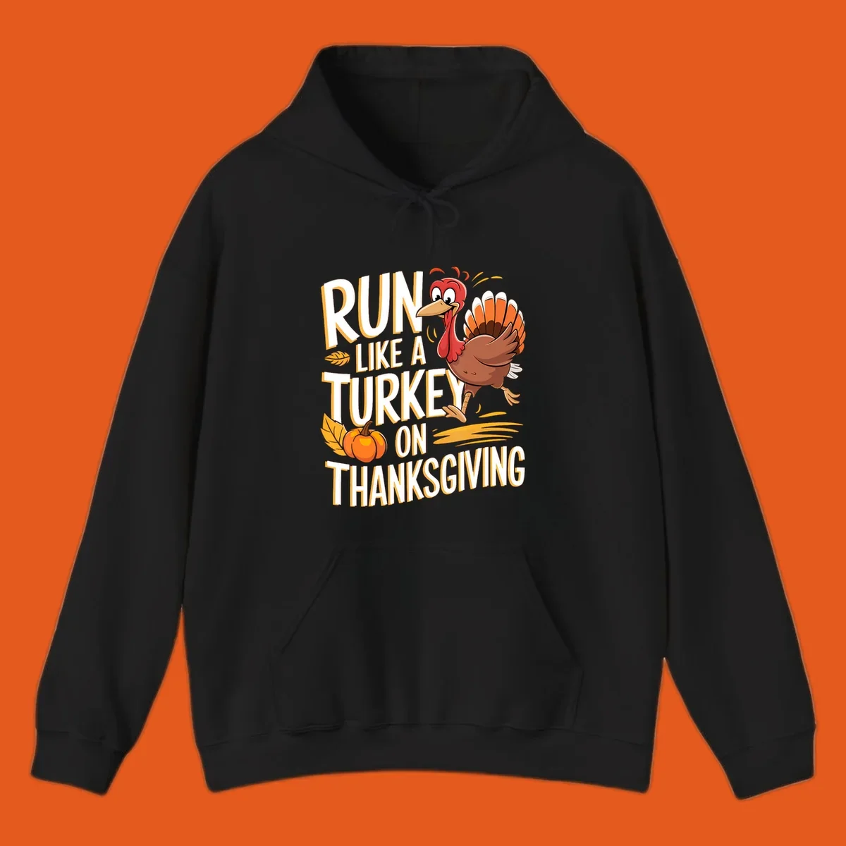 Run Like A Turkey On Thanksgiving text with cartoon turkey and pumpkin. Turkey trot design.