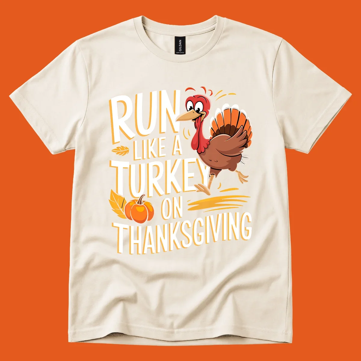 Run Like A Turkey On Thanksgiving text with cartoon turkey and pumpkin. Turkey trot design.