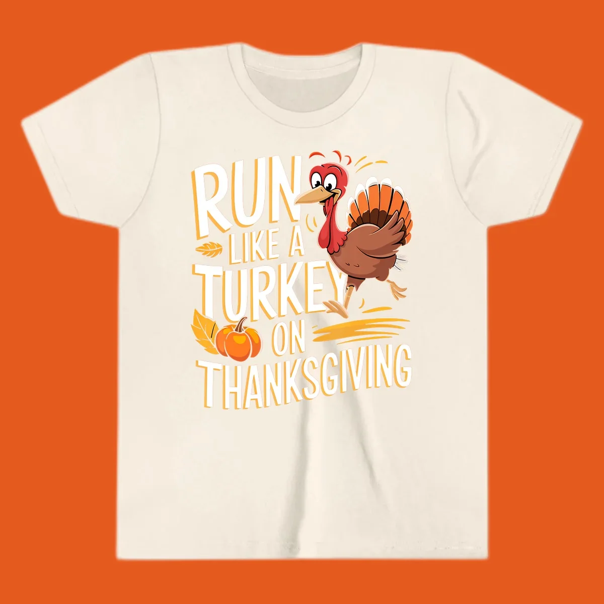 Run Like A Turkey On Thanksgiving text with cartoon turkey and pumpkin. Turkey trot design.