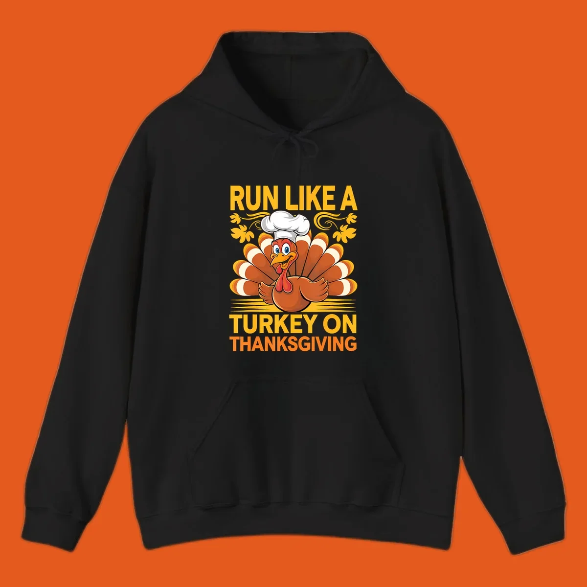 Cartoon turkey with chef hat and text 'Run Like A Turkey On Thanksgiving'