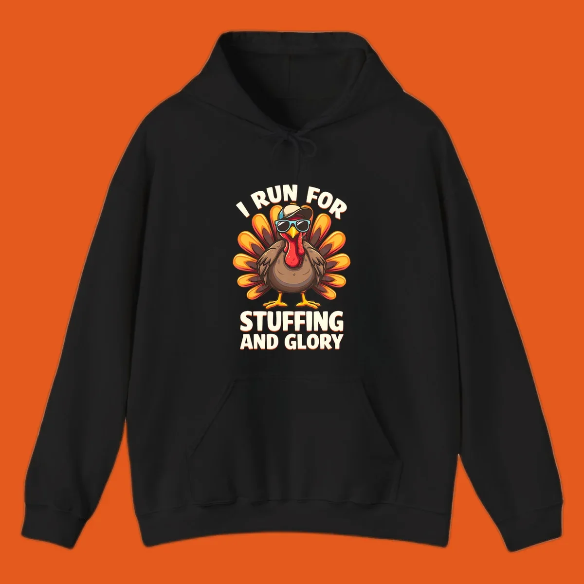 Illustration of a cool cartoon turkey with sunglasses and hat, text says "I Run For Stuffing And Glory", for Turkey Trot.