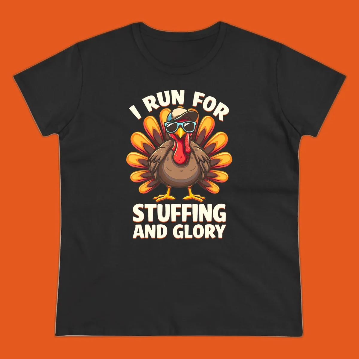 Illustration of a cool cartoon turkey with sunglasses and hat, text says "I Run For Stuffing And Glory", for Turkey Trot.